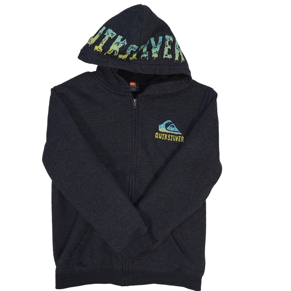 Quiksilver‎ Zip Hoodie Large 14/16 Youth Boys Faux Fur Lined Logo Charcoal Grey